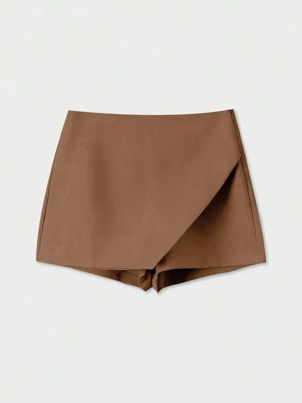 Brown Mini Slit Tie Detail Skirt