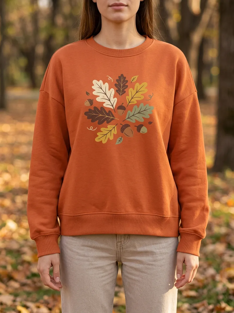 Structured Printed Acorn Leaf-Motif Graphic Sweatshirt