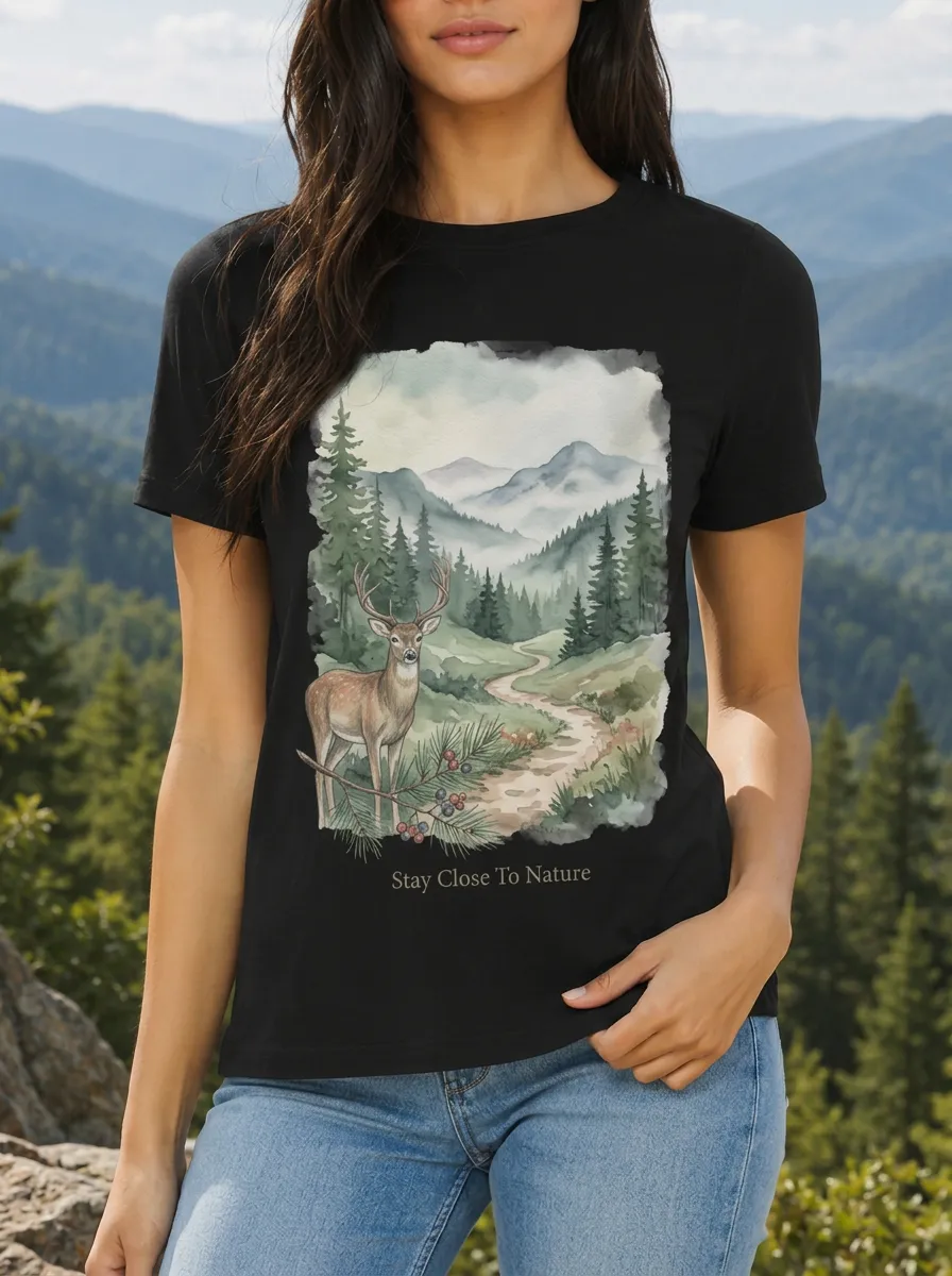 Women's Nature Lover Deer Forest Mountain Printed T-shirt