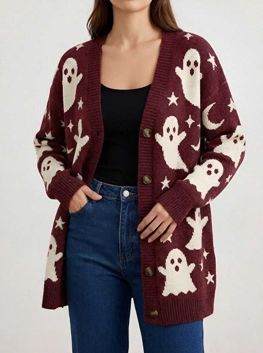 Women's Halloween Ghost Moon Star Pattern Knitted Cardigan