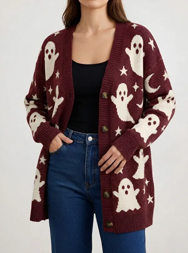 Women's Halloween Ghost Moon Star Pattern Knitted Cardigan