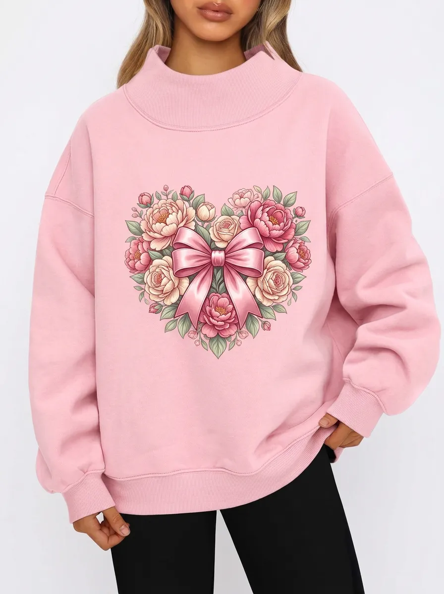 Women's Breast Cancer Awareness Floral Heart Bow Printed Sweatshirt