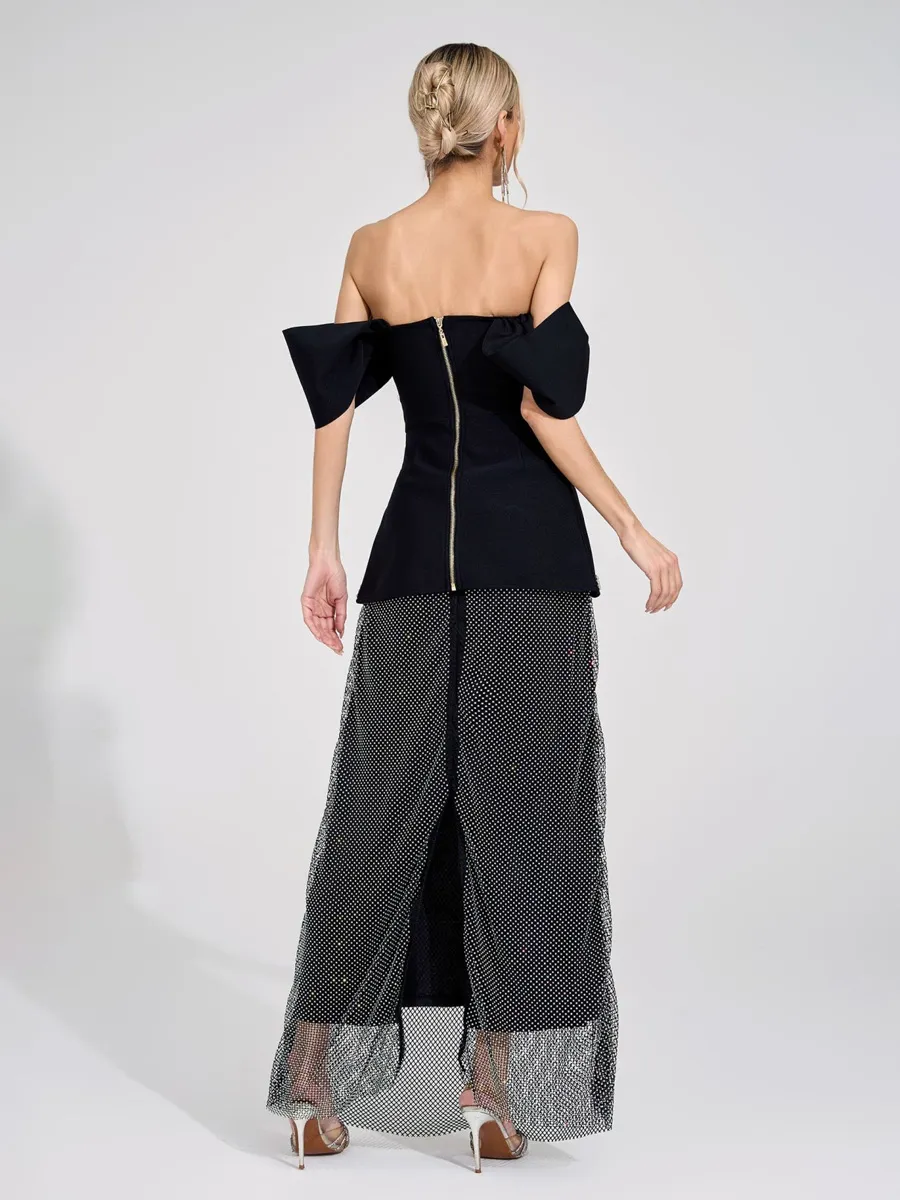Arabella Black Rhinestone Maxi Skirt Set