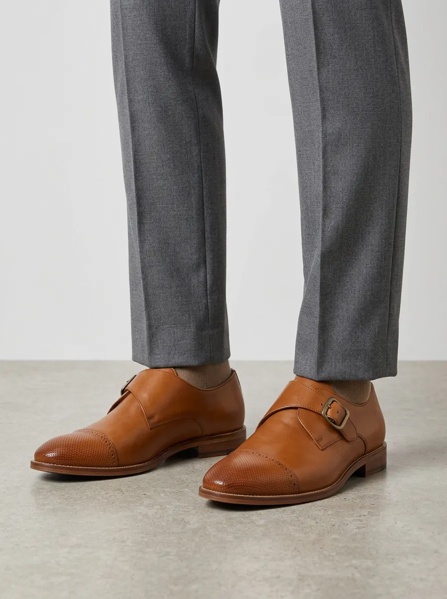 Men's Business Casual Leather Monk Strap Perforated Shoes