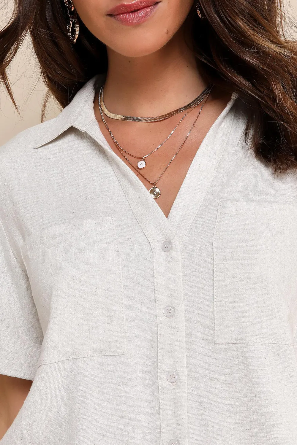 Short Sleeve Linen Collared Button-Up Top