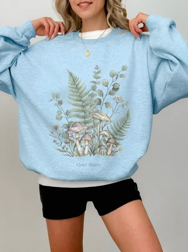 Women's Cottagecore Mushroom Fern Botanical Printed Sweatshirt