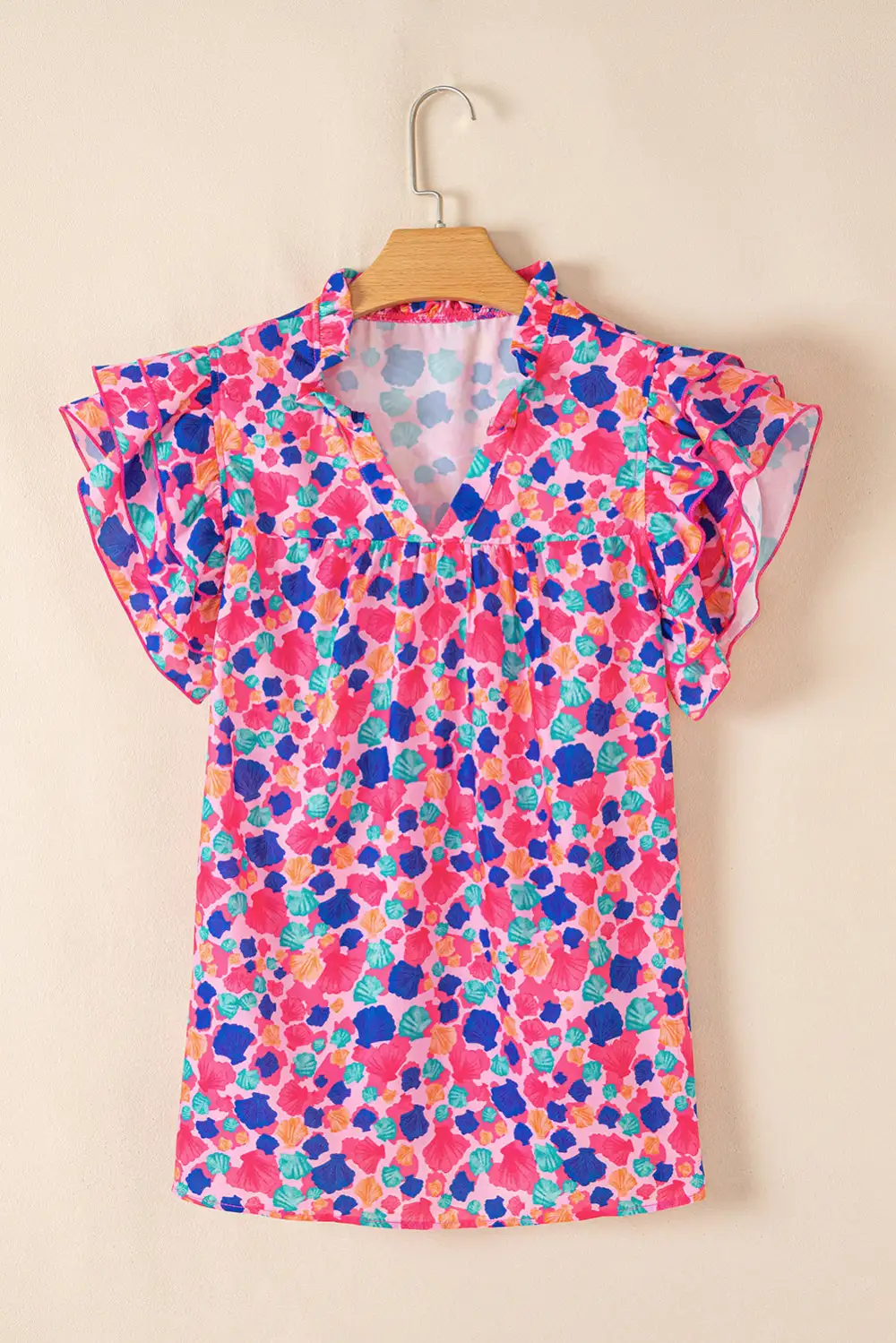 Everyday Abstract Print Ruffled V-Neck Blouse