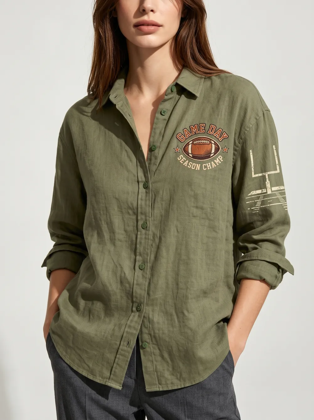 Women's Football Fan Game Day Season Champ Printed Button-up Shirt