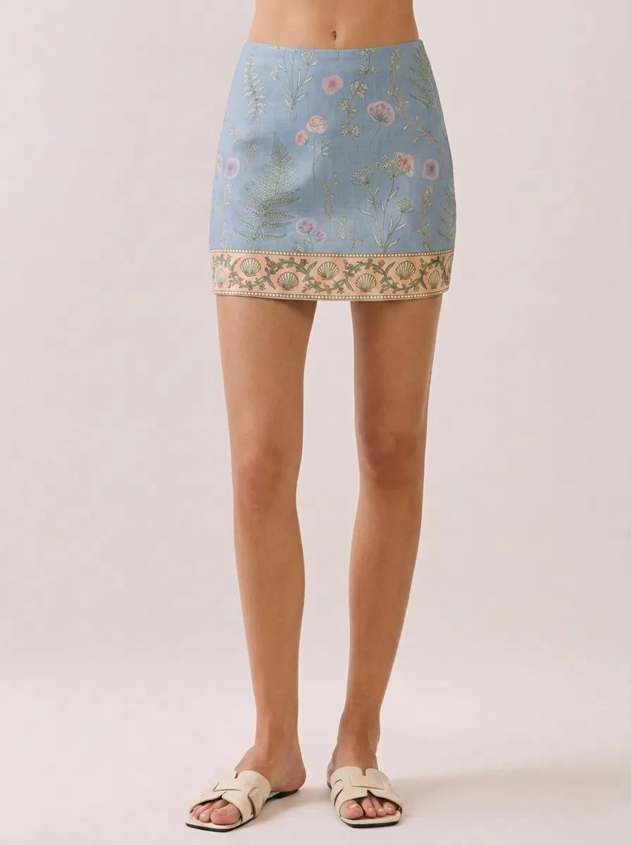 Women's Botanical Floral Seashell Border Printed Mini Skirt