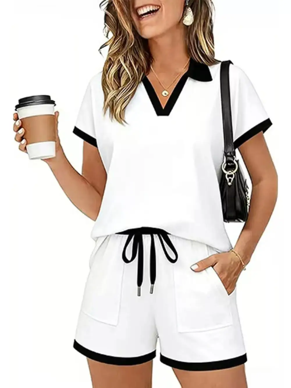 Polo Collar Short Sleeve Top Shorts Set