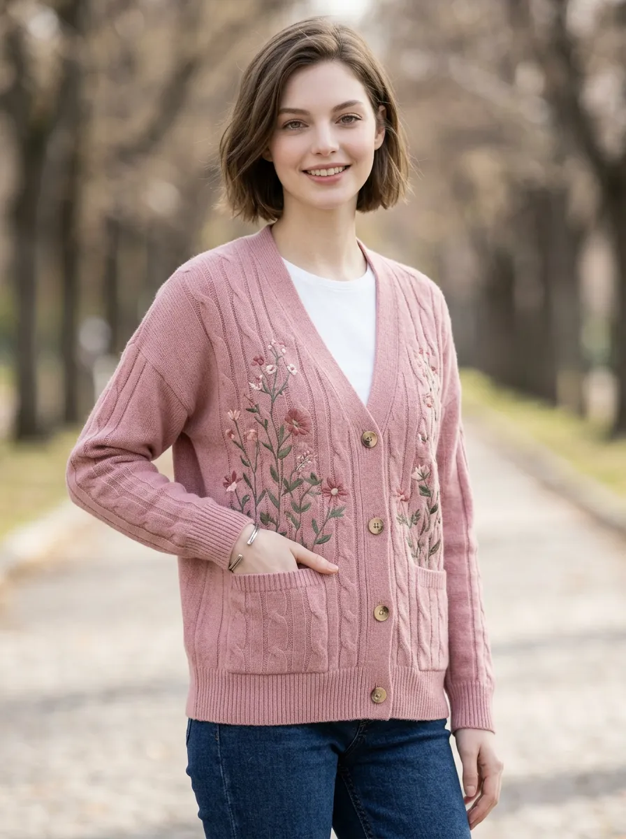 Women's Dusty Pink Floral Embroidered Cable Knit V-Neck Cardigan