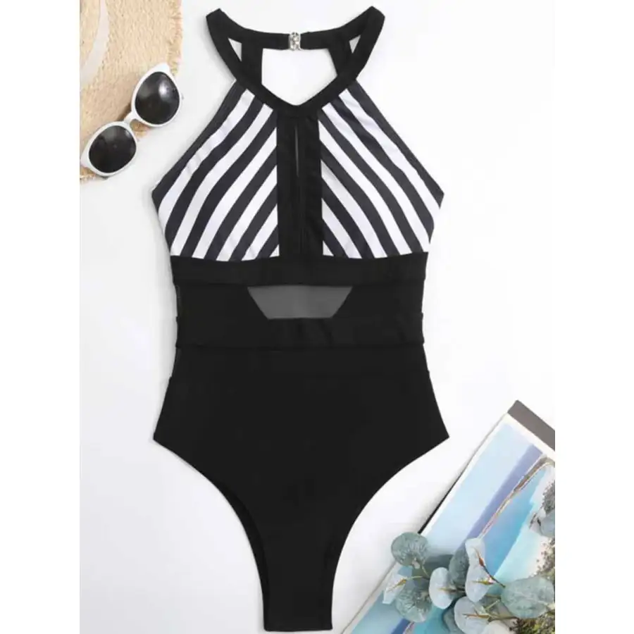 Women's Backless Mesh Striped One-Piece Swimsuit