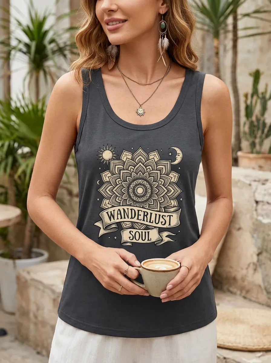 Wanderlust Soul Mandala Sun Moon Ribbed Tank Top
