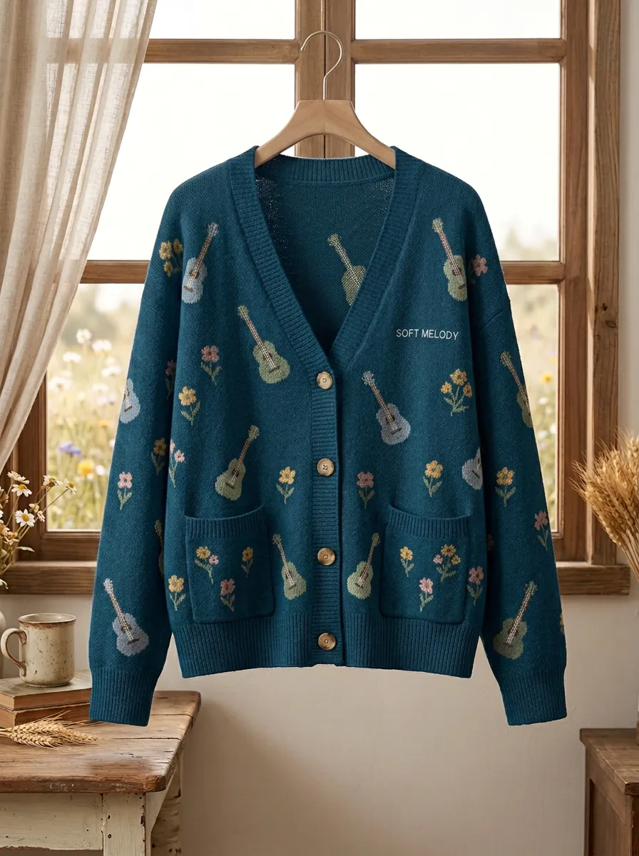 Ranch-Inspired Guitar Floral Women's Country Music Casual Cardigan