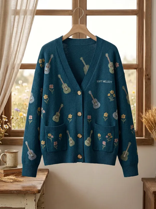 Ranch-Inspired Guitar Floral Women's Country Music Casual Cardigan