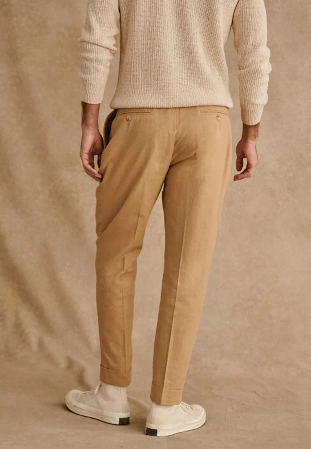 Sand Beige Pleated High Waist Cropped Trousers