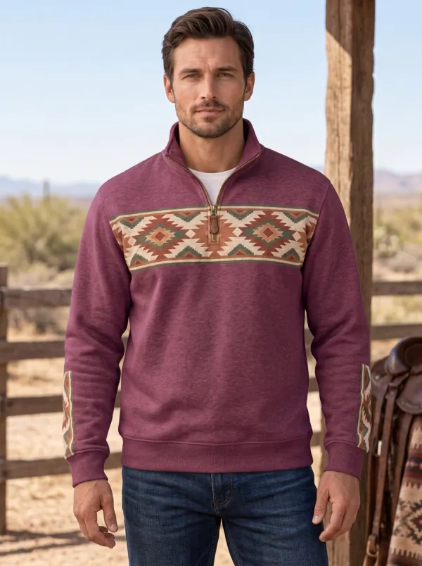 Men's Classic Western Cowboy Southwestern Geometric Half-Zip Sweatshirt