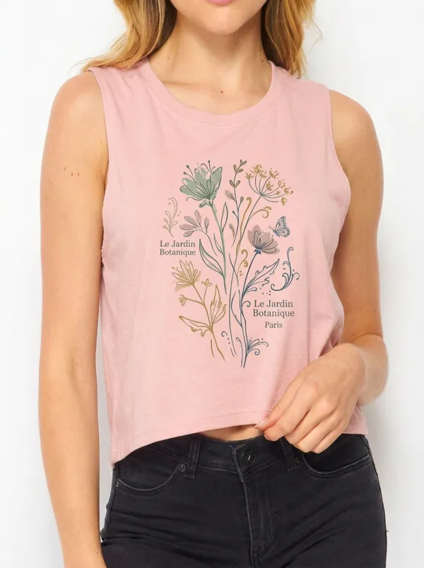 Women's Botanical Garden Floral Butterfly Printed Crop Tank Top