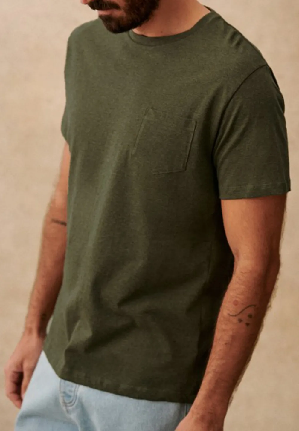 Mottled Khaki Textured Crew Neck Casual T-Shirt