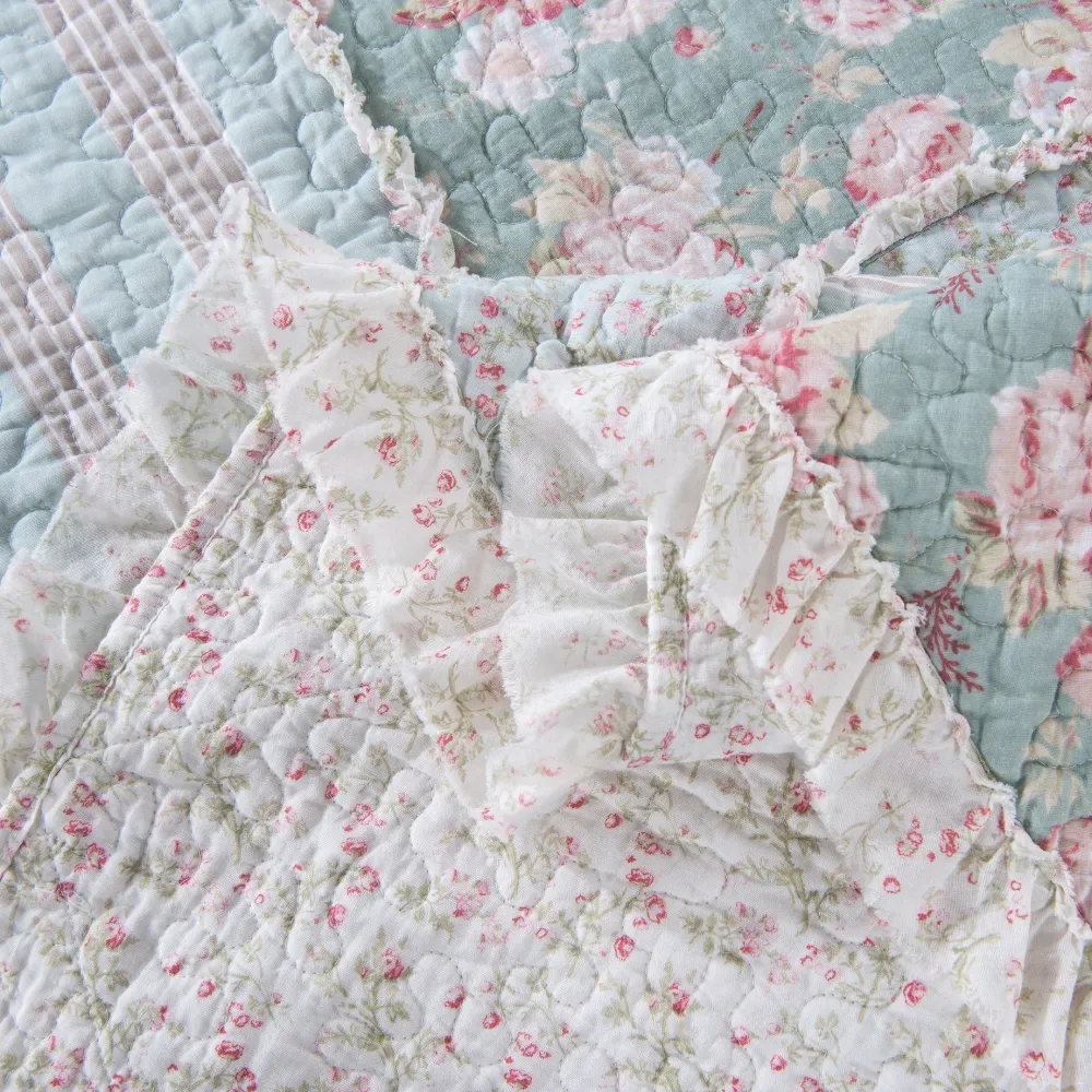 Clean Cotton Floral Patchwork Ruffled Quilt Bedding Set