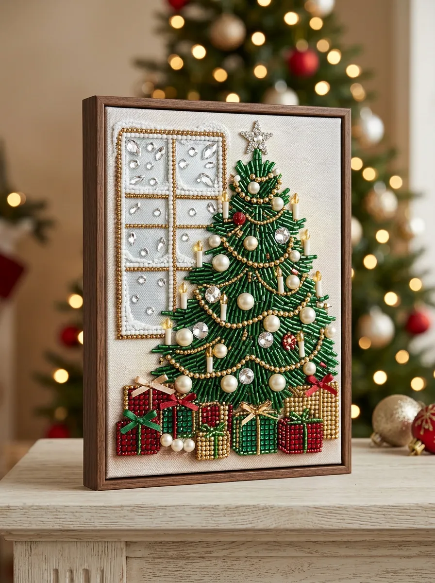 Christmas Window Tree Gift Box Beaded Pearl Painting