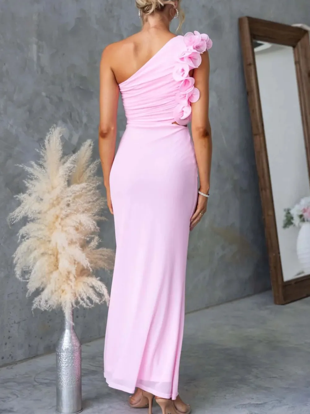 Ruched One-Shoulder Sleeveless Floral Maxi Dress