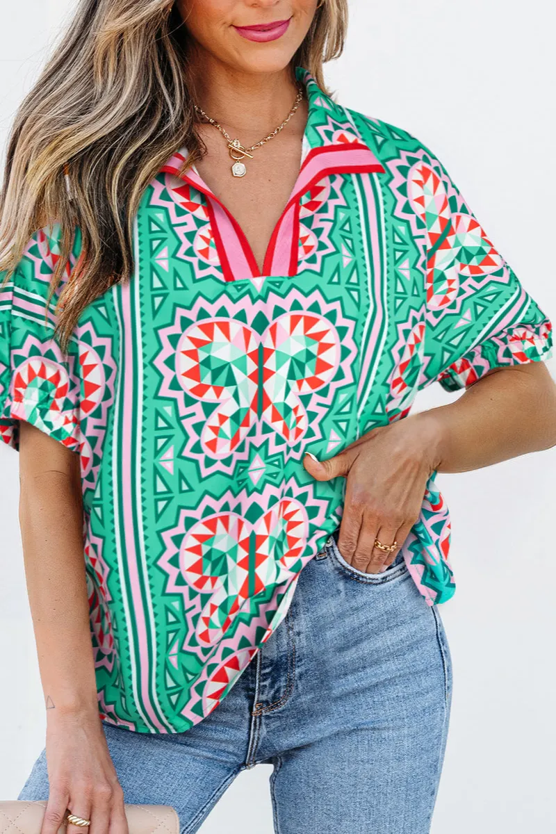Striped Abstract Print V-Neck Blouse