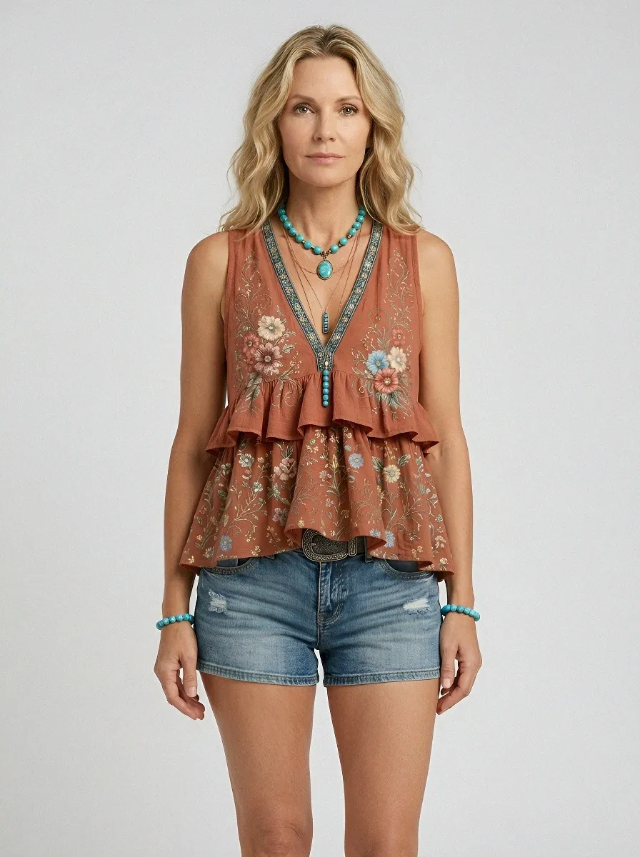 Women's Boho Floral Vintage Botanical Printed Short Sleeve Top