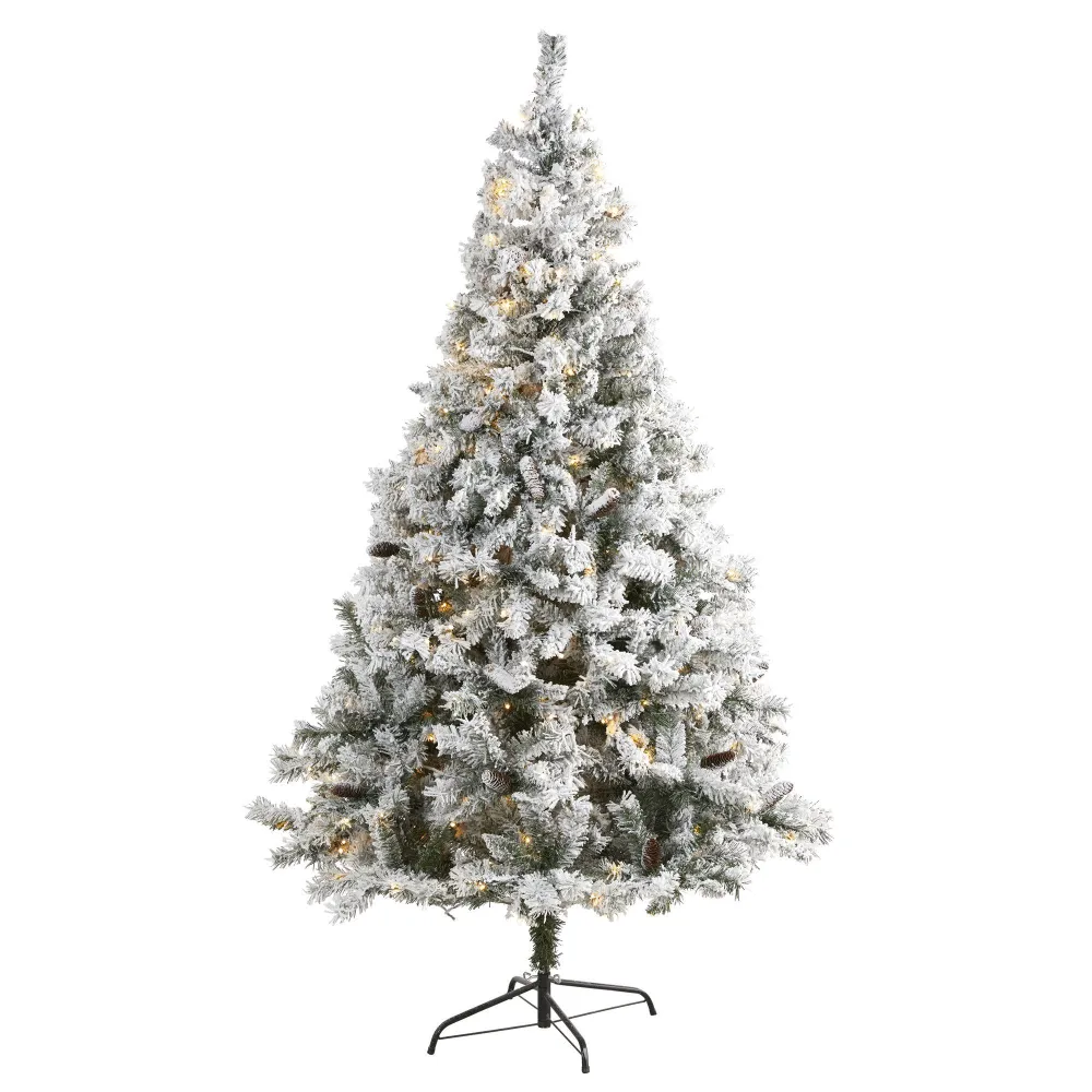 Flocked River Mountain Pine Artificial Christmas Tree with Pinecones and LED Lights