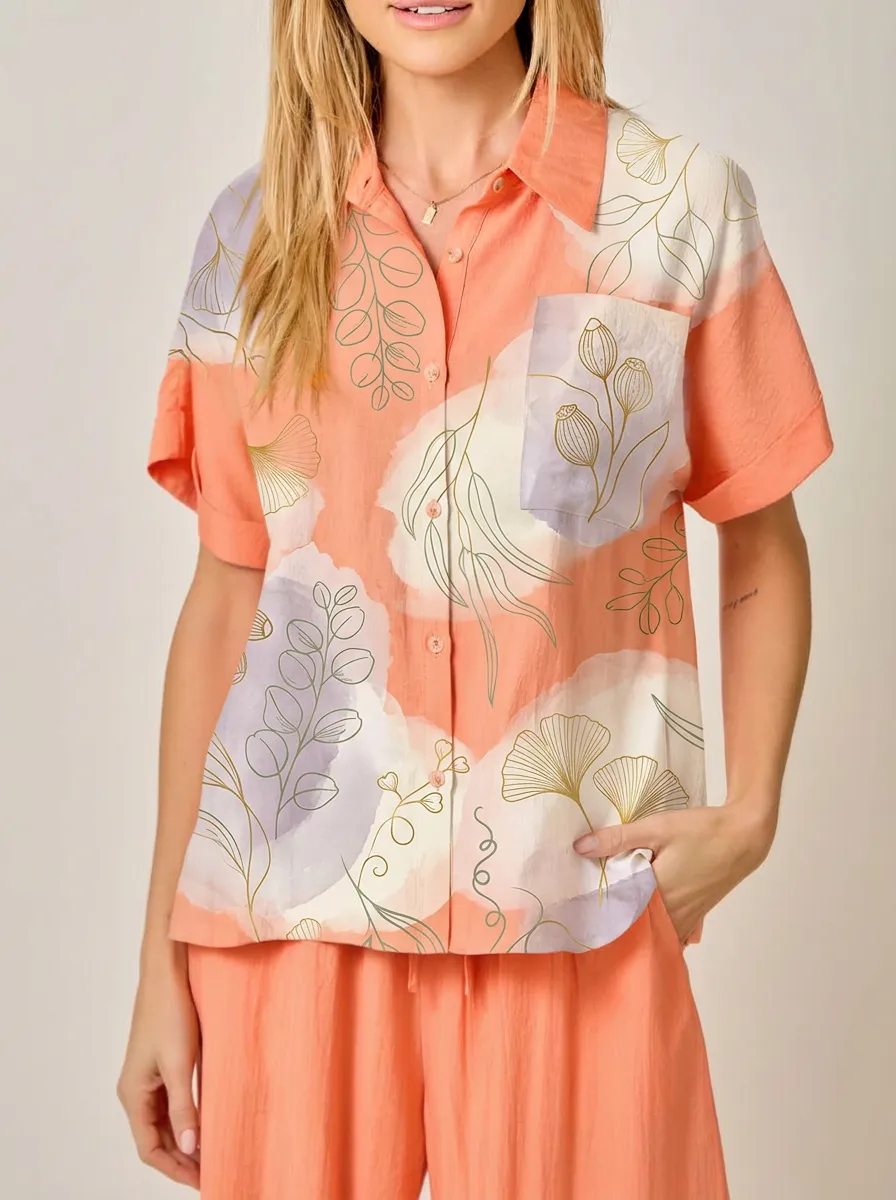 Women's Botanical Floral Abstract Printed Button-Down Shirt