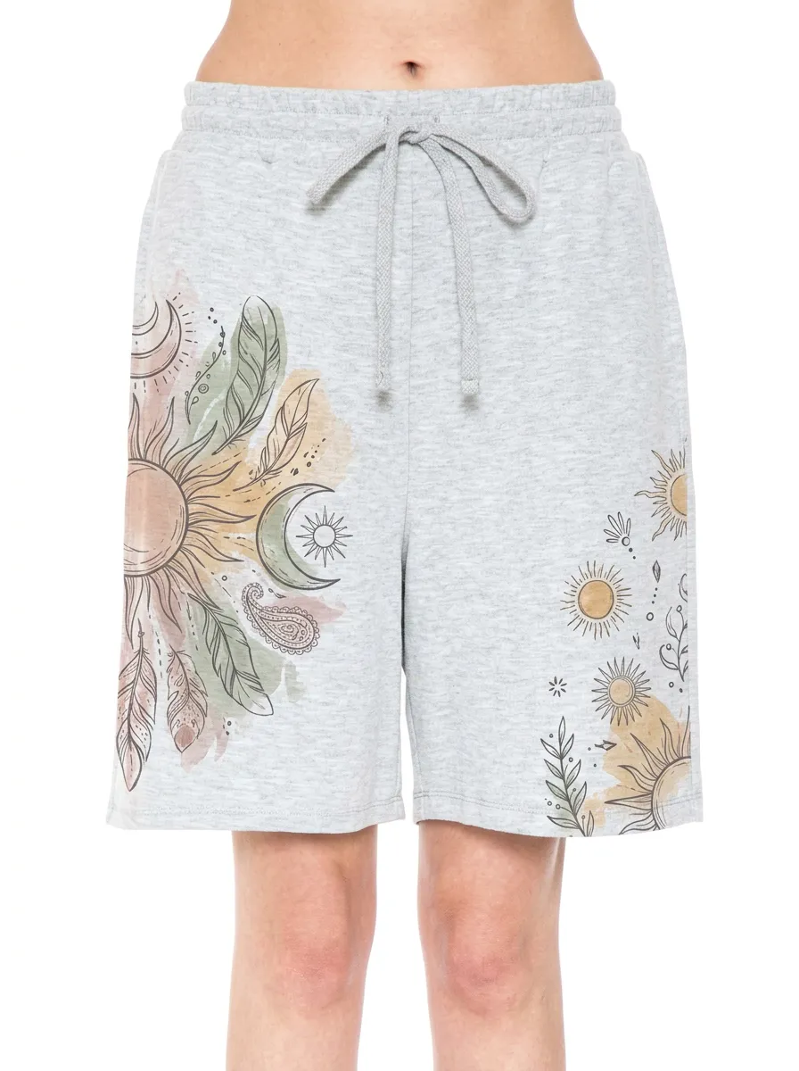 Women's Boho Celestial Sun Moon Feather Printed Shorts