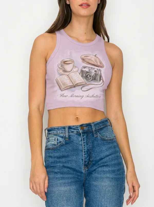 Women's Aesthetic Coffee Book Camera Printed Crop Top