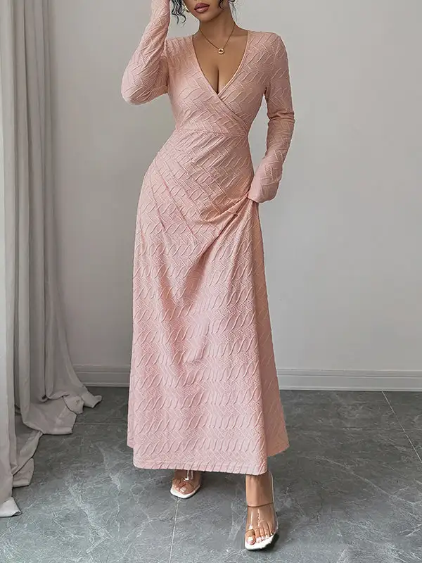 Deep Pleated Long Neck Maxi Dress