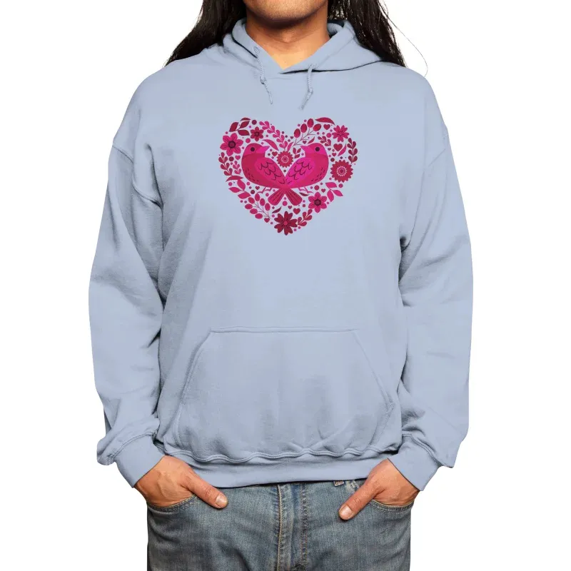 Men's Artistic Heart-Shaped Bird & Flower Pattern Print Long-Sleeve Hoodie