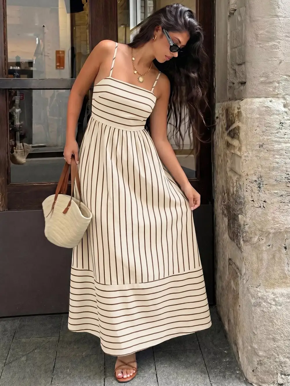 Smocked Spaghetti-Strap Striped Maxi Dress