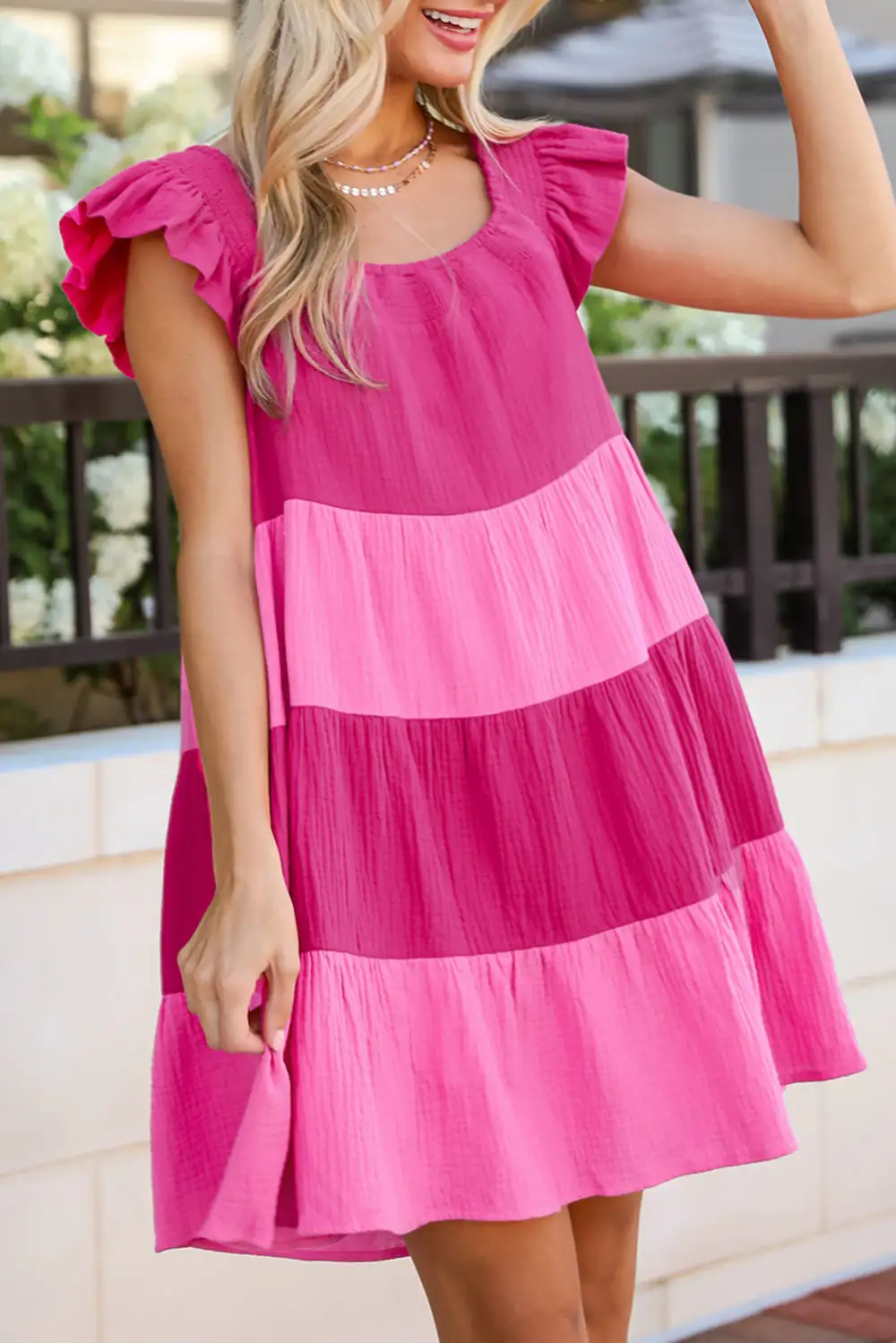 Tiered Tie Detail Mixed Panel Mini Dress