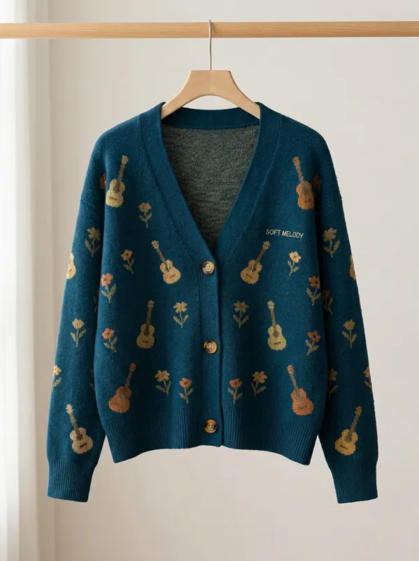 Vintage-Look Guitar Floral Women's Country Music Casual Cardigan