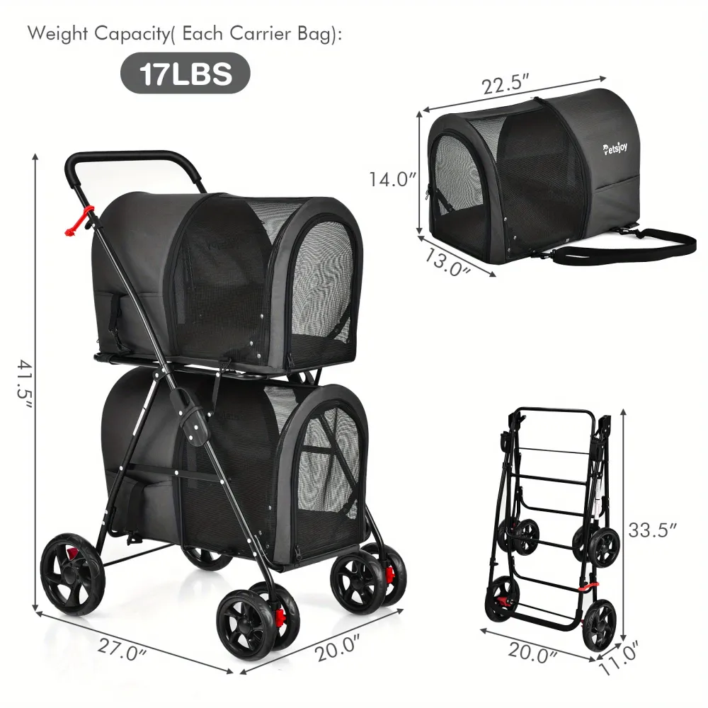 Multi-Level Pet Cart with Dual Compartments, Pet Essential for Transporting Multiple Cats or Dogs