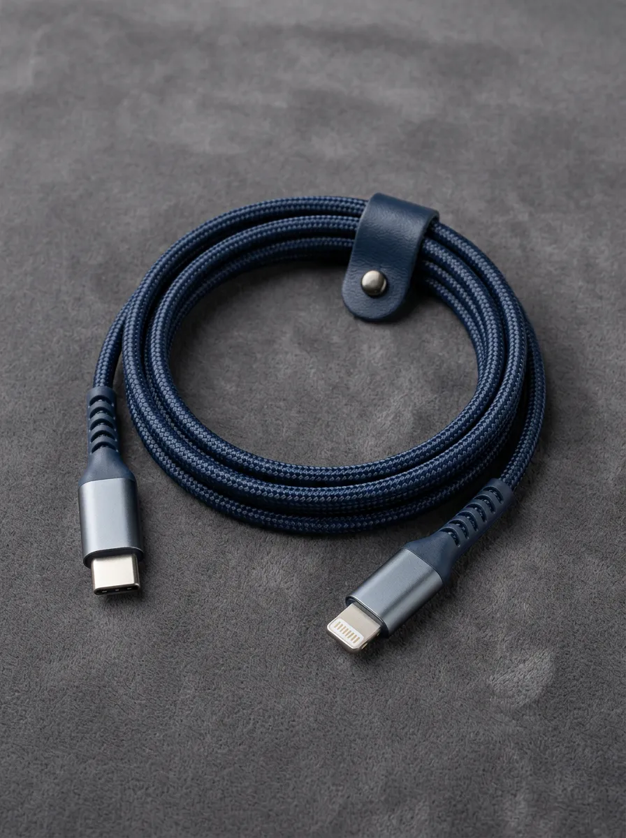 Navy Braided Leather-Strap Charging Cable