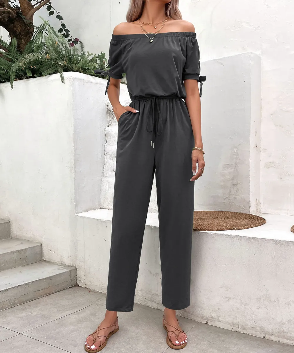 Shoulder Tie Cuff Pockets Jumpsuit