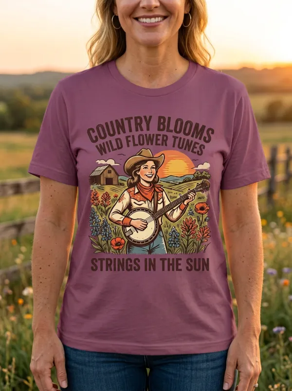 Western-Inspired Folk-Motif Women's Country Music Crew-Neck T-Shirt