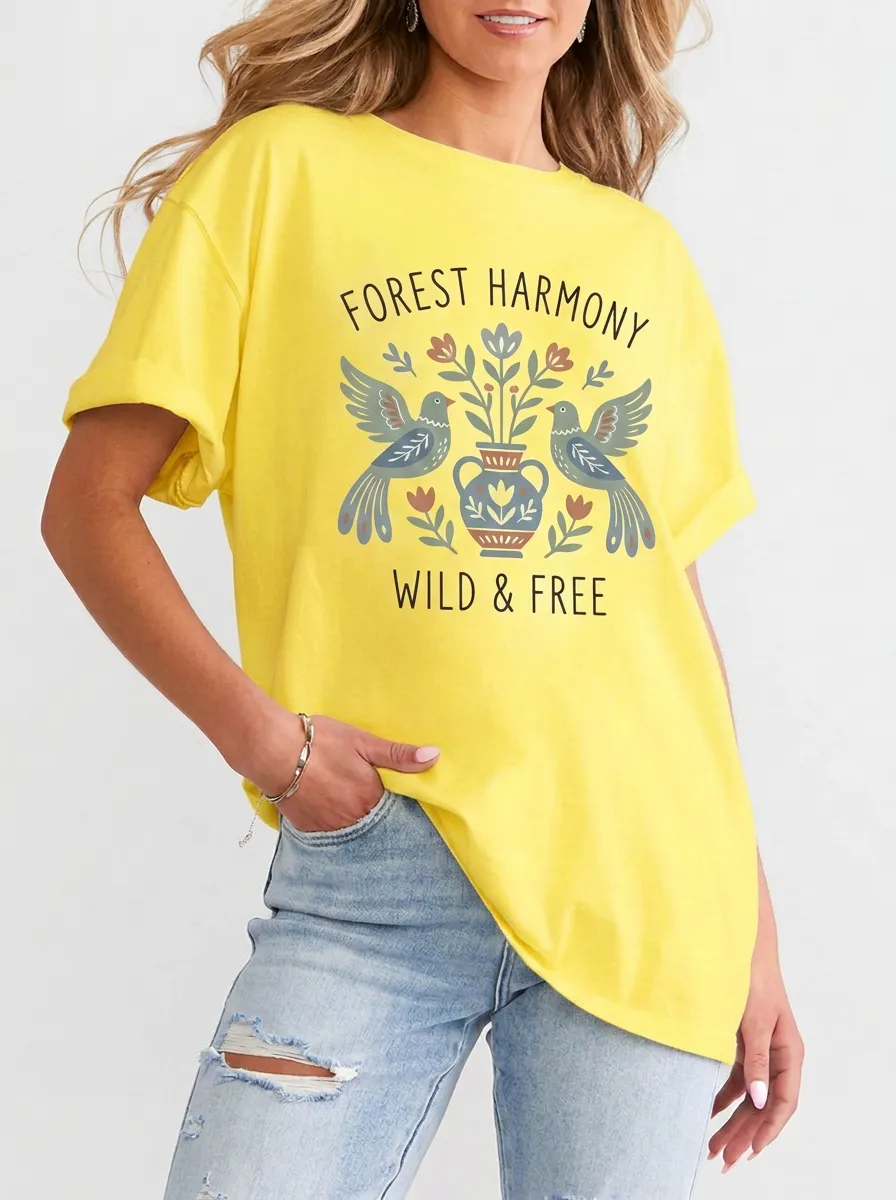 Women's Nature Lover Forest Harmony Bird Floral Printed T-shirt