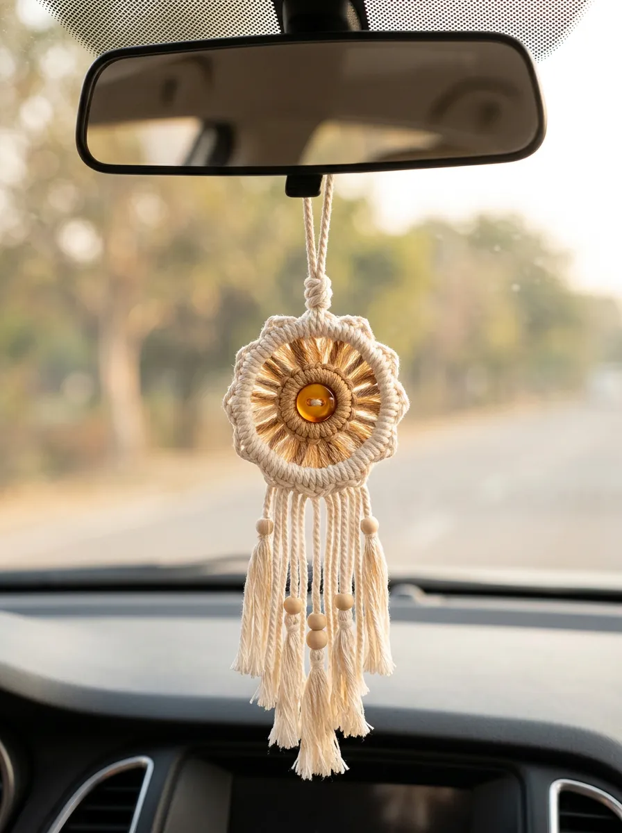 Macrame Tassel Floral Rearview Mirror Hanging Ornament
