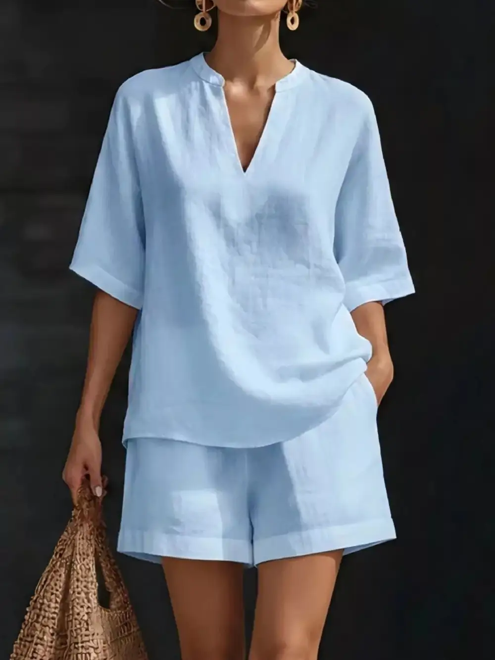 Notched Half Sleeve Top Shorts Set Plus