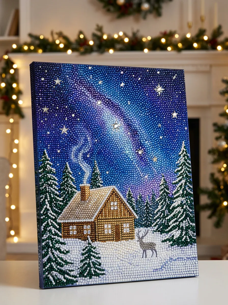 Winter Cabin Deer Starry Night Christmas DIY Diamond Painting Kit