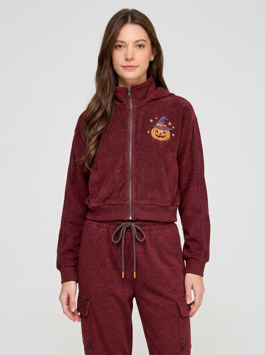 Women's Halloween Pumpkin Witch Hat Printed Zip-Up Hoodie Cargo Sweatpants Set