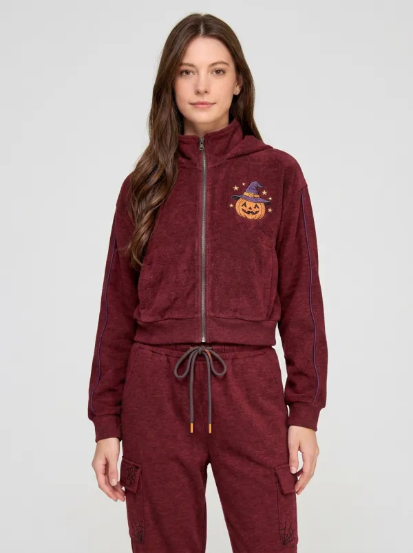 Women's Halloween Pumpkin Witch Hat Printed Zip-Up Hoodie Cargo Sweatpants Set