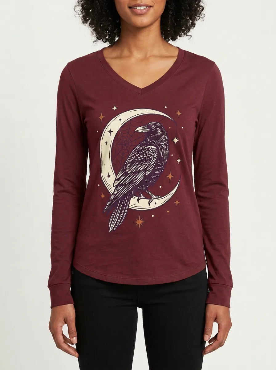 Women's Halloween Gothic Raven Moon Printed V-neck Long Sleeve Top