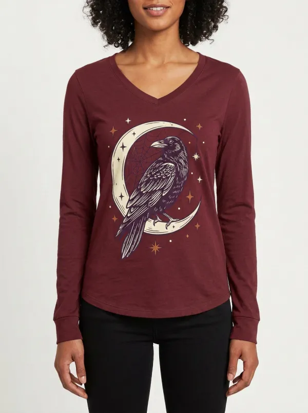 Women's Halloween Gothic Raven Moon Printed V-neck Long Sleeve Top
