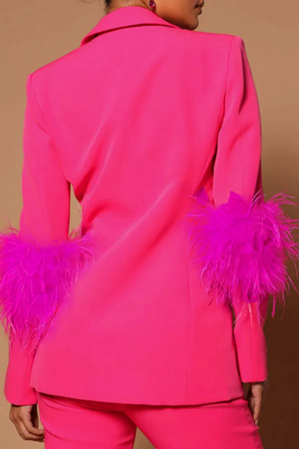 Feather Trim Stylish Pant Suit